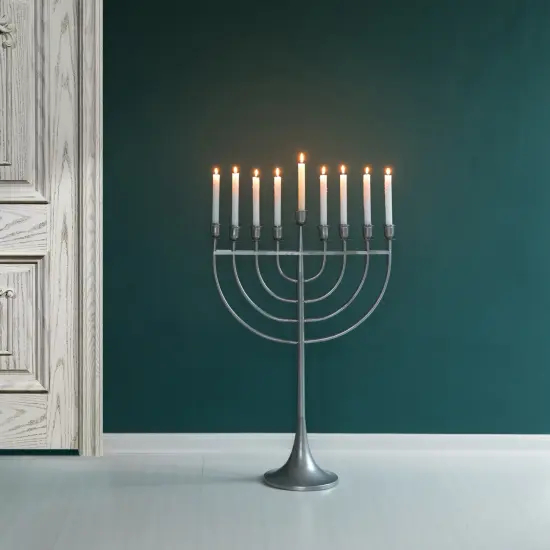 Modern Solid Metal Judaica Hanukkah Menorah 9 Branched Candelabra Silver {2}