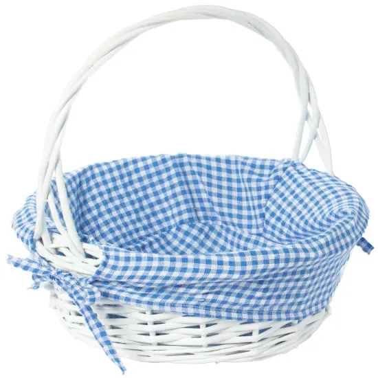 White Round Willow Gift Basket, with Gingham Liner and Handle Blue {1}
