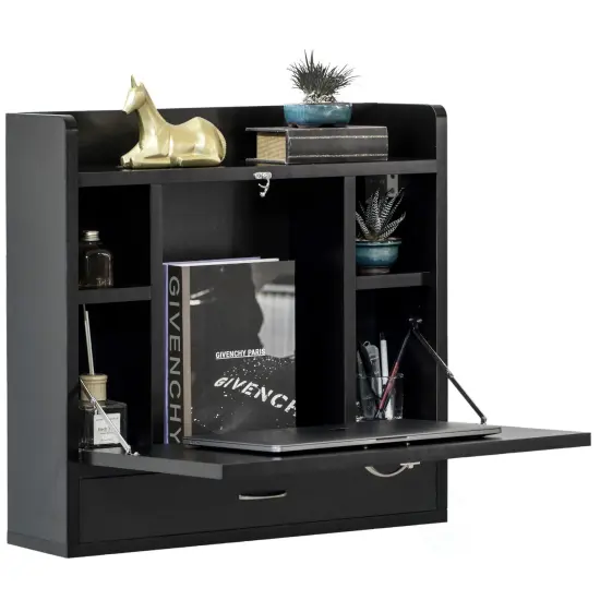 Wall Mount Folding Laptop Writing Computer or Makeup Desk with Storage Shelves and Drawer Black {1}