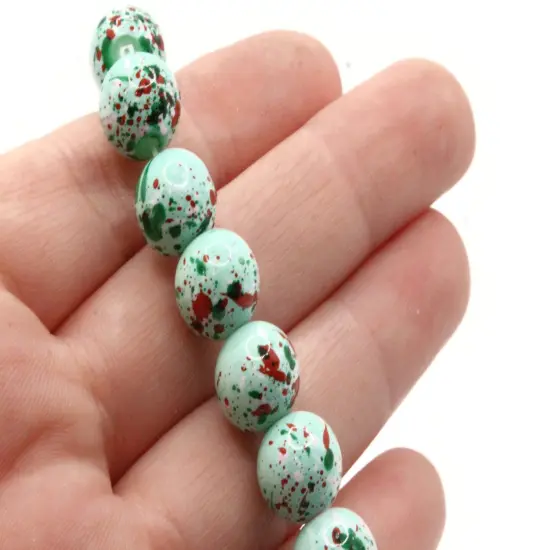 40 10mm Mint Green with Red & Pink Splatter Paint Smooth Round Glass Beads {3}