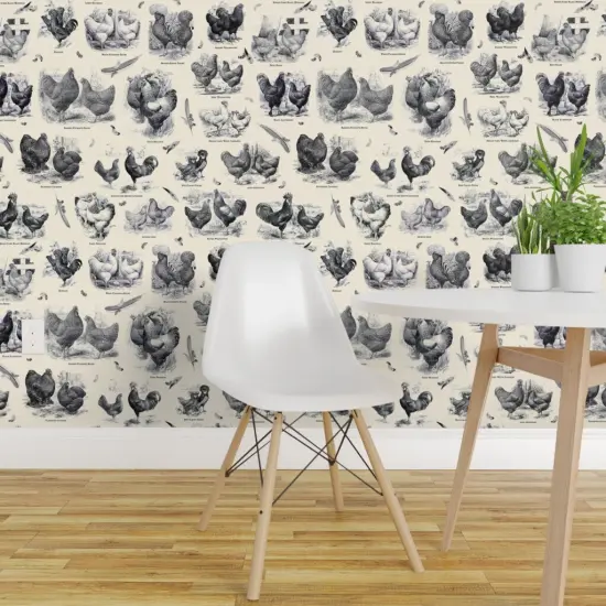 Peel & Stick Wallpaper 2FT Wide Poultry Cream Black Toile Vintage Antique Victorian Historical Chicken Custom Removable Wallpaper by Spoonflower {1}