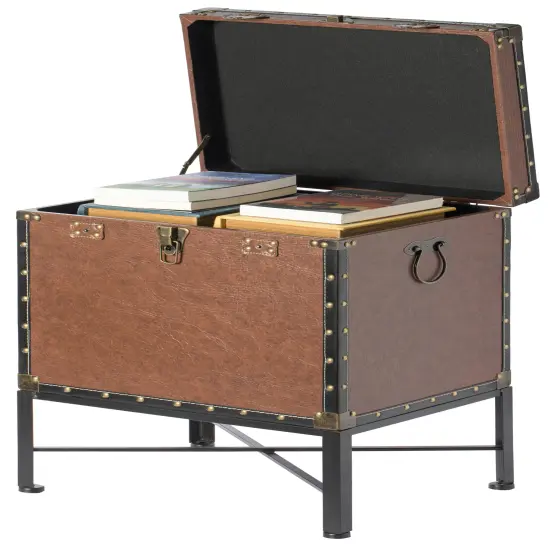 Faux Leather Trimmed Lockable Square Lined Storage Trunk, End Table on Metal Stand Brown {4}