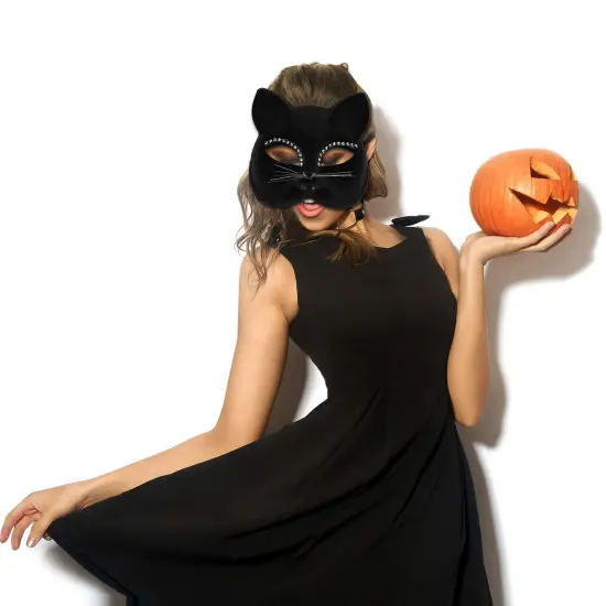 Venetian Black Cat Mask - Masquerade Costume Half Face Eye Mask for Kids and Adults {3}