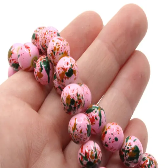 40 10mm Pink with Red and Green Splatter Paint Smooth Round Glass Beads {1}