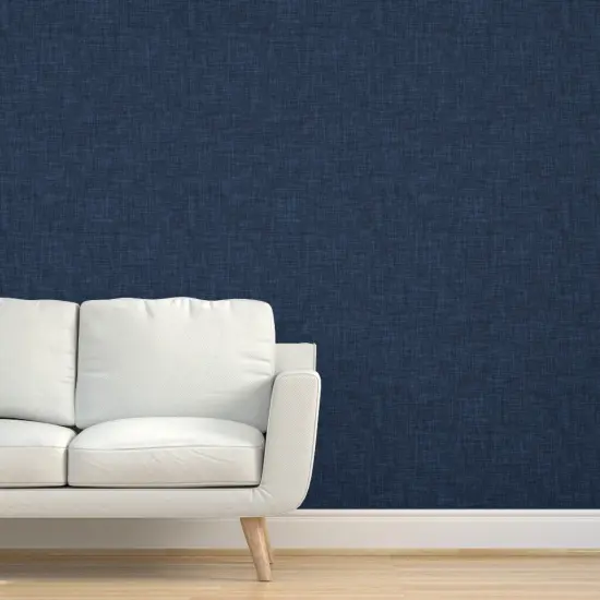Pre-Pasted Wallpaper 2FT Wide Solid Navy Faux Linen Look Blue Navy Solid Nautical Neutral Basic Bold Boys Custom Pre-pasted Wallpaper by Spoonflower {5}