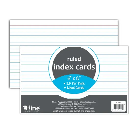 Index Cards, 5" x 8", White, Ruled, 25 Per Pack, 10 Packs {5}