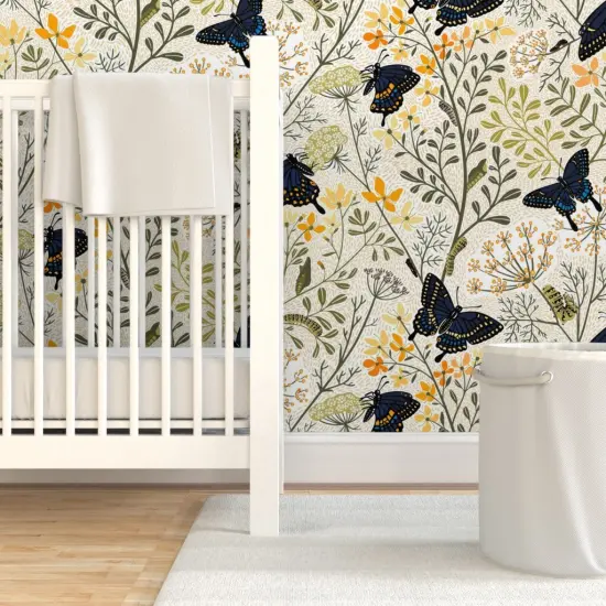 Pre-Pasted Wallpaper 2FT Wide Garden Butterflies Flowers Butterfly Bag Garden Botanical Dill Herbs Caterpillar Swallowtail Rue Chrysalis Custom Pre-pasted Wallpaper by Spoonflower {7}