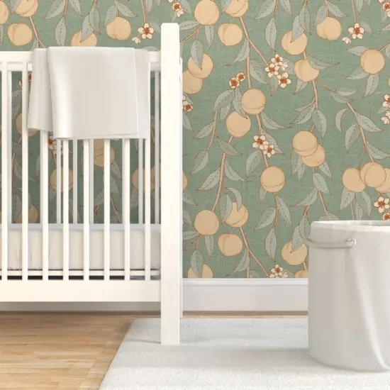 Pre-Pasted Wallpaper 2FT Wide Chinoiserie Orchard Vintage Botanical Peaches Nectarines Antique Custom Pre-pasted Wallpaper by Spoonflower {7}