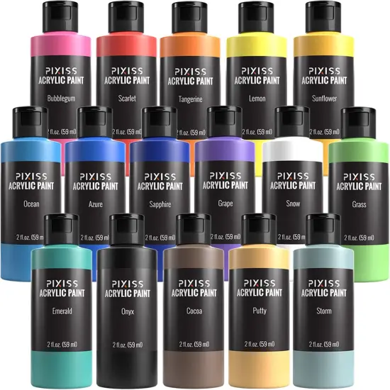 Pixiss Acrylic Paint Set of 16 Colors, 59ml, 2 Fluid Ounce Bottles, Matte Finish Paints {1}