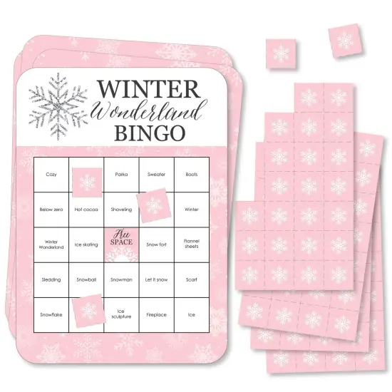 Big Dot of Happiness Pink Winter Wonderland - Bingo Cards and Markers - Holiday Snowflake Birthday Party and Baby Shower Bingo Game - Set of 18 {1}