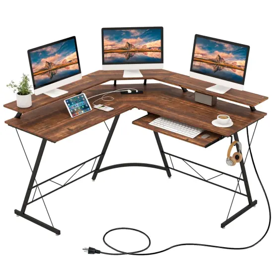 Costway L-shaped Computer Desk with Power Outlet 51" Corner Computer Workstation Rustic Brown/Black {1}