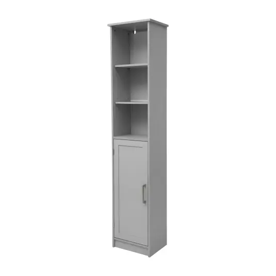 Merrick Lane Vigo Slim Linen Tower Organizer with Adjustable Cabinet Shelves, Open Shelves, and Magnetic Closure Doors Gray {1}