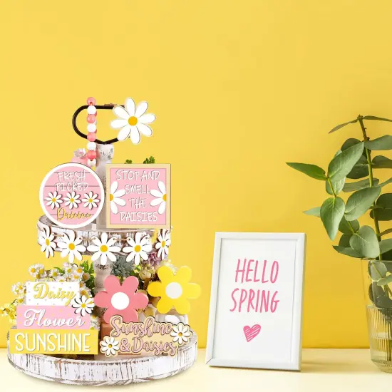 12 Pieces Valentine's Day Tiered Tray Decor Set Valentines Heart Wood Sign Gnome Truck Rustic Farmhouse Tray Signs Table Decor for Romantic Valentine's Day Home Kitchen(Daisy, 12 Pcs) {2}