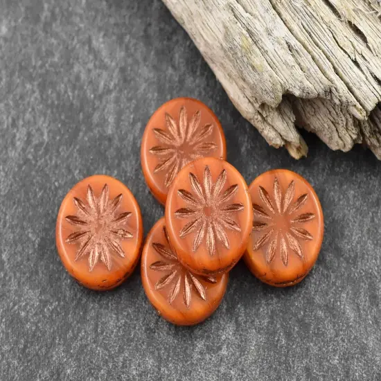 *15* 12mm Copper Washed Orange Opaline Aster Flower Coin Beads {4}