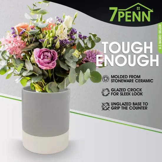 7Penn Large Kitchen Utensil Holder for Countertop - Gray and White Ceramic Crock {5}