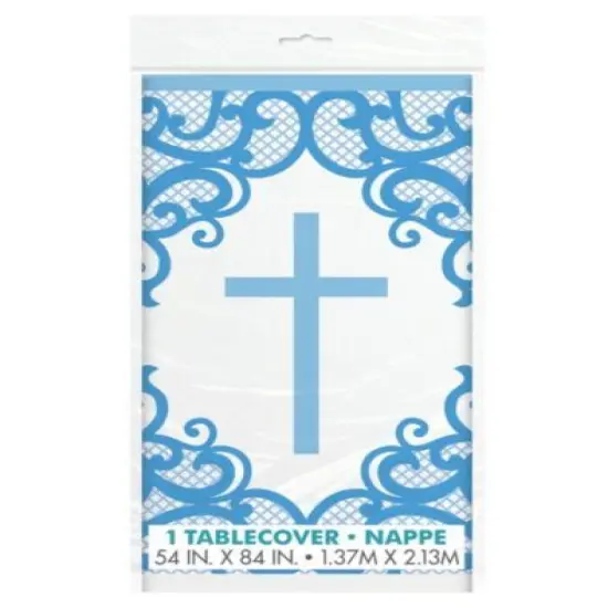 Fancy Blue Cross Rectangular Plastic Table Cover, 54" x 84", 1ct {1}