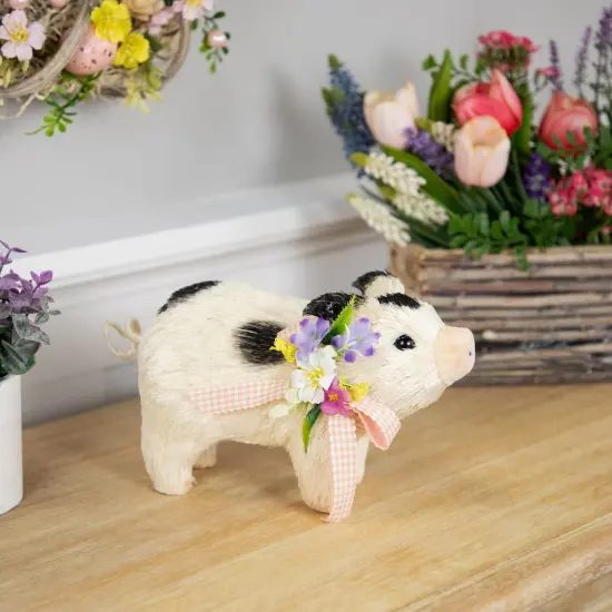 Northlight Spotted Piglet with Bow and Flowers Spring Figurine - 9" White {3}