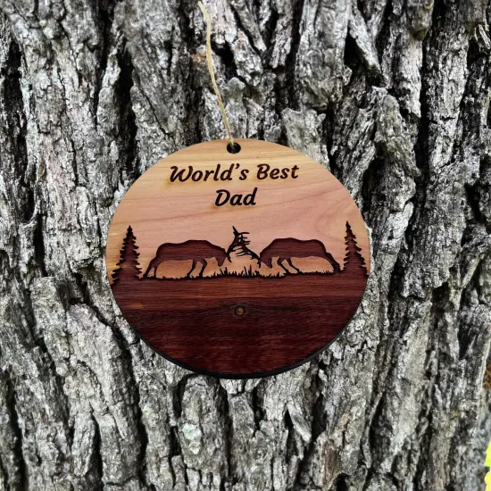 Worlds Best Dad Elk Battle - Cedar Ornament {2}