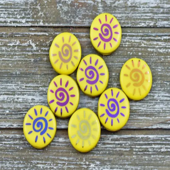 *8* 14mm Opaque Yellow Sliperit Laser Etched Sun Design Coin Beads {4}