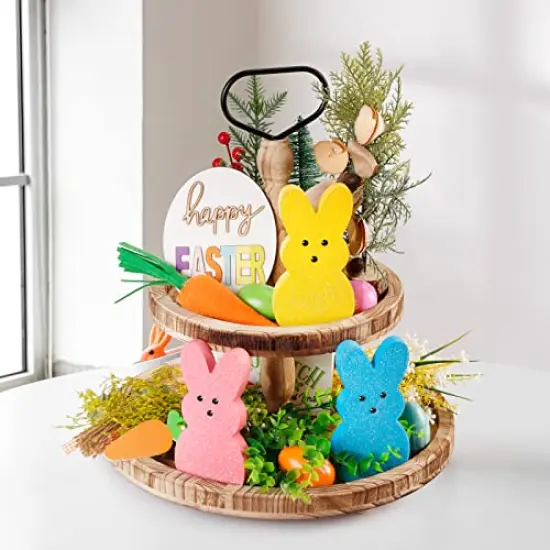 3 Pieces Glittery Easter Wooden Signs for Tiered Tray/Mantel/Table Decorations, Style of Peeps with 3D Eyes {5}