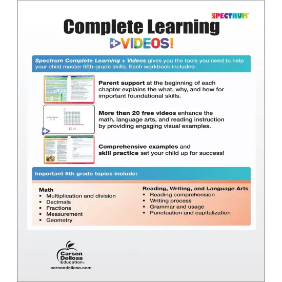 Spectrum Complete Learning + Videos 5th Grade Workbook All Subjects, Language Arts, Reading Comprehension, Writing, and Math Book for Kids Ages 10-11 With Video Tutorials {2}