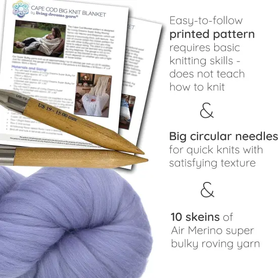 DIY Merino Wool Blanket Knitting Kit: Soft and Thick #7 Weight Jumbo Yarn, Knitting Needles and Pattern. Soft, Cozy, Great for Gifts Lilac {2}