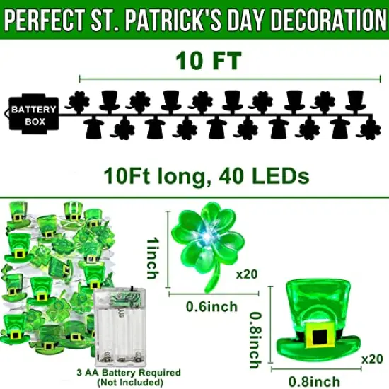 40LEDShamrocks Leprechaun Hat Lights St. Patrick's Day Decorations 10Ft Green Lucky Clover Fairy String Lights Battery Power Irish St.Patrick's Decoration Indoor Outdoor Home(Hat Shamrocks) {6}