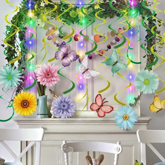 VABAMNA 33pcs Spring Hanging Decorations for Home - Flower Butterfly Hanging Swirls with Led Lights for Spring Summer Easter Flower Butterfly Themed Birthday Party Decorations {3}
