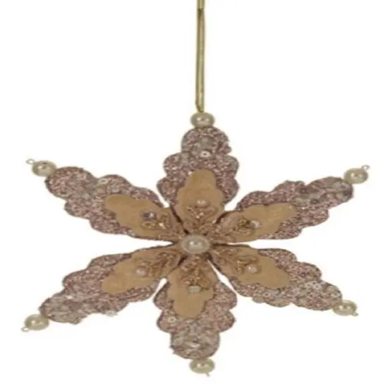 Melrose 6" Beige Glittered Snowflake with Pearls and Gems Christmas Ornament {1}