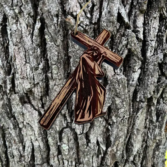 Jesus carrying cross - Cedar Ornament {2}