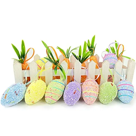 Easter Egg Ornaments and Carrot Hanging Ornaments 12 Pieces Colorful 6 Pieces Premium Foam Glitter Artificial Carrots Tree Decorations Home Party DIY Crafts {3}