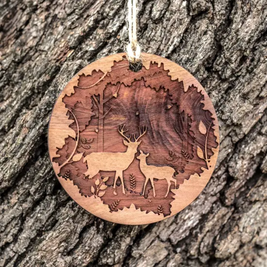 Deer Couple - Raw Cedar Ornament 3x3in {1}