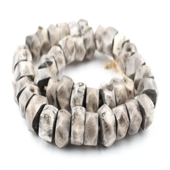 The Bead Chest Grey Bone Beads Faceted 24mm Kenya African Large Hole 26 Inch Strand Handmade {3}