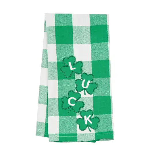 St. Patrick's Day Four Clover "Luck" Plaid Check Cotton Kitchen Dishtowel {1}