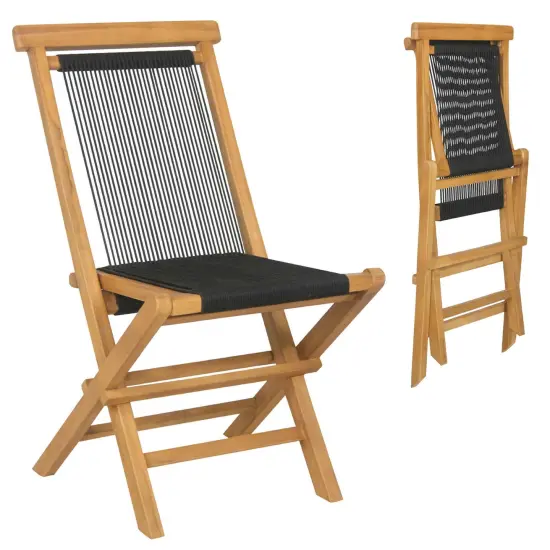 Costway 2/4 PCS Patio Folding Chairs with Woven Rope Seat & Back Indonesia Teak Wood for Porch Natural&Black {7}