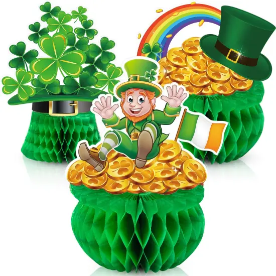 3 Pieces St Patrick Honeycomb Decoration, Cute Pot-O-Gold Centerpiece Shamrock Leprechaun Tissue Irish Clover Paper Table Topper for Saint Patrick Party Accessory 7.87-8.6 inch {2}