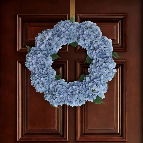 24" Azure Blue Hydrangea Wreath with Grapevine Ring by Floral Home&reg; {3}
