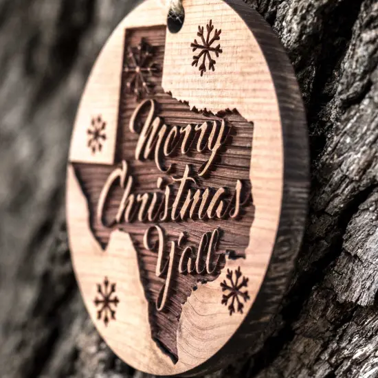 Texas Merry Christmas Y'all - Raw Cedar Ornament 3x3in {3}