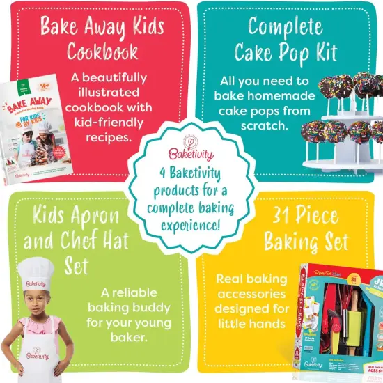 Baketivity 4 in 1 Kids Baking Set Mega Kit - Cake Pop Kit with Stand - Kids Apron and Chef Hat Set - Bake Away Kids Cookbook - Kids Cooking Sets Real Utensils - Kids Baking Kit Gifts for Girls & Boys {2}