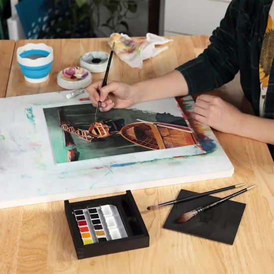 Schmincke Horadam Watercolor Set - Exclusive Limited Edition Wooden Box -12 Half Pans, 5ml Titanium White, 3 Empty Pans, Made in Germany for professionals, artists, painters Assorted {6}