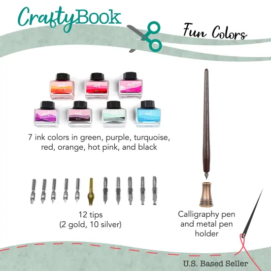 CraftyBook Calligraphy Pens for Writing - 12 Nibs with 7 Dip Pen Ink Colors {2}