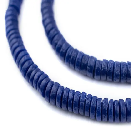 The Bead Chest Dark Blue Sandcast Disk Beads - Full Strand of 7mm African Rondelle Donut Glass Beads from Ghana {1}