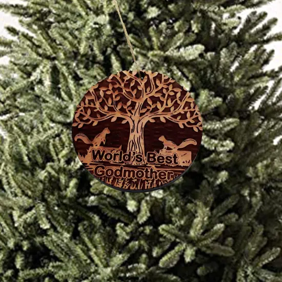 World's Best Godmother Two Squirrels and Tree of Life - Cedar Ornament {3}