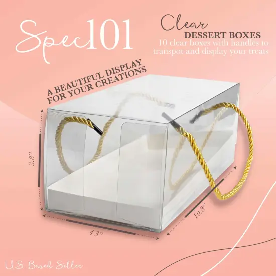 Spec101 Clear Dessert Boxes with Handles 10pk - 10.8x4.3x3.7in Small Cake Boxes {3}