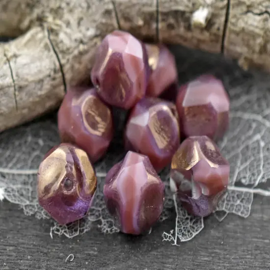 *15* 9mm Purple Bronze Washed Pink Silk Central Cut Round Beads {4}