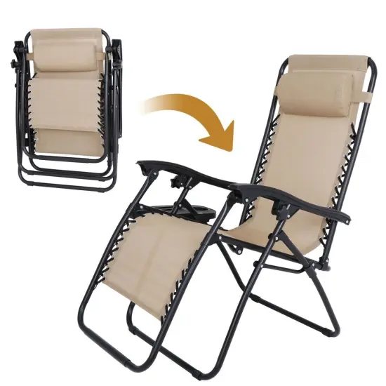 2 Zero Gravity Reclining Chairs Folding Garden Lounge Beach Lawn with Trays {3}