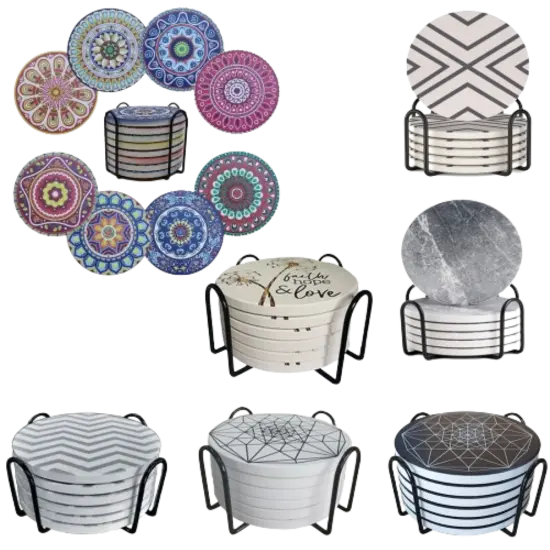 Kitcheniva Absorbent Coaster Set Drink Coffee Cup Pad White line/6+1 {2}