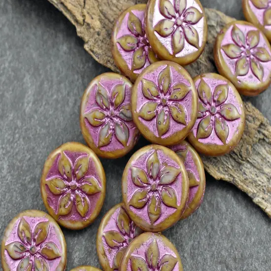 *6* 18mm Metallic Pink Washed Alabaster Picasso Floral Coin Beads {1}