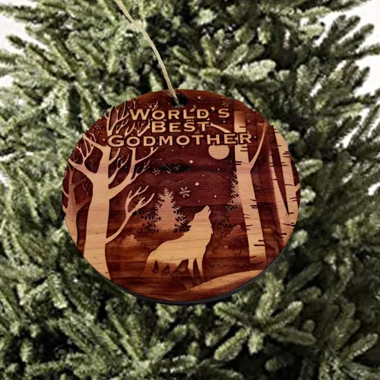 Winter Wolf Worlds Best Godmother - cedar ornament {3}