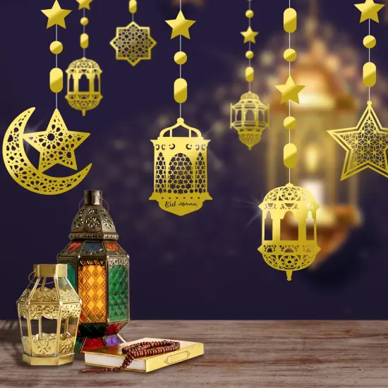 24 Pieces Islamic Star Moon Lantern Ramadan Garland Eid Decoration Streamer Ramadan Mubarak Party Banner Backdrop Shining Hanging Wall Decorations for Home Wedding Decor Islam Party(Gold) {6}